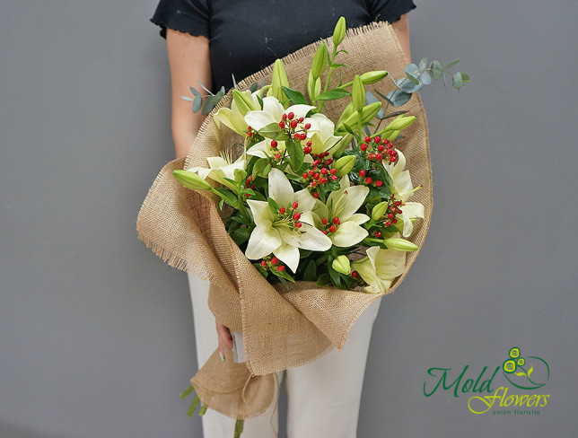 Bouquet of lilies in fabric photo